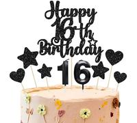 Gyufise 15Pcs Happy 16th Birthday Cake Topper Set with Heart Star Glitter Cheers to 16 Years Cake Picks Number 16 Candles Cake Decorations for Happy 16th Birthday Anniversary Party Supplies Black