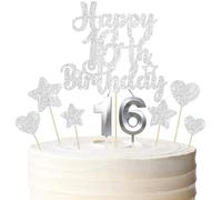 Gyufise 15Pcs Happy 16th Birthday Cake Topper Set with Heart Star Glitter Cheers to 16 Years Cake Picks Number 16 Candles Cake Decorations for Happy 16th Birthday Anniversary Party Supplies Silver