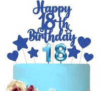 Gyufise 15Pcs Happy 18th Birthday Cake Topper Set with Heart Star Glitter Cheers to 18 Years Cake Picks Number 18 Candles Cake Decorations for Happy 18th Birthday Anniversary Party Supplies Blue