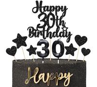 Gyufise 15Pcs Happy 30th Birthday Cake Topper Set with Heart Star Glitter Cheers to 30 Years Cake Picks Number 30 Candles Cake Decorations for Happy 30th Birthday Anniversary Party Supplies Black