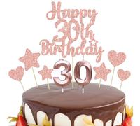 Gyufise 15Pcs Happy 30th Birthday Cake Topper Set with Heart Star Glitter Cheers to 30 Years Cake Picks Number 30 Candles Cake Decorations for Happy 30th Birthday Anniversary Party Supplies Rose Gold