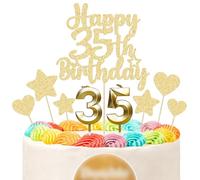 Gyufise 15Pcs Happy 35th Birthday Cake Topper Set with Heart Star Glitter Cheers to 35 Years Cake Picks Number 35 Candles Cake Decorations for Happy 35th Birthday Anniversary Party Supplies Gold
