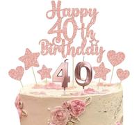 Gyufise 15Pcs Happy 40th Birthday Cake Topper Set with Heart Star Glitter Cheers to 40 Years Cake Picks Number 40 Candles Cake Decorations for Happy 40th Birthday Anniversary Party Supplies Rose Gold