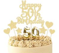 Gyufise 15Pcs Happy 50th Birthday Cake Topper Set with Heart Star Glitter Cheers to 50 Years Cake Picks Number 50 Candles Cake Decorations for Happy 50th Birthday Anniversary Party Supplies Gold