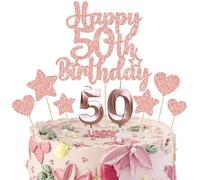 Gyufise 15Pcs Happy 50th Birthday Cake Topper Set with Heart Star Glitter Cheers to 50 Years Cake Picks Number 50 Candles Cake Decorations for Happy 50th Birthday Anniversary Party Supplies Rose Gold