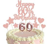 Gyufise 15Pcs Happy 60th Birthday Cake Topper Set with Heart Star Glitter Cheers to 60 Years Cake Picks Number 60 Candles Cake Decorations for Happy 60th Birthday Anniversary Party Supplies Rose Gold