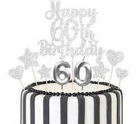 Gyufise 15Pcs Happy 60th Birthday Cake Topper Set with Heart Star Glitter Cheers to 60 Years Cake Picks Number 60 Candles Cake Decorations for Happy 60th Birthday Anniversary Party Supplies Silver
