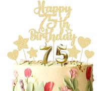 Gyufise 15Pcs Happy 75th Birthday Cake Topper Set with Heart Star Glitter Cheers to 75 Years Cake Picks Number 75 Candles Cake Decorations for Happy 75th Birthday Anniversary Party Supplies Gold