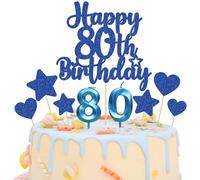 Gyufise 15Pcs Happy 80th Birthday Cake Topper Set with Heart Star Glitter Cheers to 80 Years Cake Picks Number 80 Candles Cake Decorations for Happy 80th Birthday Anniversary Party Supplies Blue
