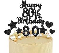 Gyufise 15Pcs Happy 80th Birthday Cake Topper Set with Heart Star Glitter Cheers to 80 Years Cake Picks Number 80 Candles Cake Decorations for Happy 80th Birthday Anniversary Party Supplies Black