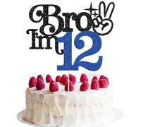 Gyufise 1Pc Brother I'm 12 Cake Topper Glitter Happy 12th Birthday Cake Pick Bro I'm 12 Cake Decoration It's My 12th Birthday Decorations for Boy Cheers to 12 Years Old Party Supplies Blue Black