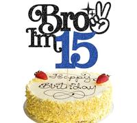 Gyufise 1Pc Brother I'm 15 Cake Topper Glitter Happy 15th Birthday Cake Pick Bro I'm 15 Cake Decoration It's My 15th Birthday Decorations for Boy Cheers to 15 Years Old Party Supplies Blue Black