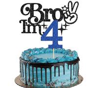 Gyufise 1Pc Brother I'm 4 Cake Topper Glitter Happy 4th Birthday Cake Pick Bro I'm 4 Cake Decoration It's My 4th Birthday Decorations for Boys Cheers to 4 Years Old Party Supplies Blue Black