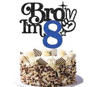 Gyufise 1Pc Brother I'm 8 Cake Topper Glitter Happy 8th Birthday Cake Pick Bro I'm 8 Cake Decoration It's My 8th Birthday Decorations for Boy Cheers to 8 Years Old Party Supplies Blue Black