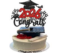 Gyufise 1Pc Class of 2026 Cake Topper Glitter Grad Cap Cake Pick Congrats Grad 2026 Graduation Cake Decorations for 2026 Graduation College Graduate Party Decorations Red