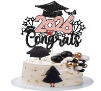 Gyufise 1Pc Congrats 2026 Cake Topper Glitter 2026 Graduation Decorations Class of 2026 Grad Cap Diploma Cake Pick for College 2026 Graduation Party Cake Decorations Rose Gold