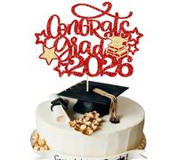Gyufise 1Pc Congrats Grad 2026 Cake Topper Glitter Diploma Grad Cap Cake Pick Class of 2026 Senior Graduation Cake Decoration for 2026 Graduation Theme Party Decorations Supplies Red