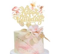 Gyufise 1Pc Fairy Happy Birthday Cake Topper Glitter Mushroom Fairies Cake Decorations for Fairy Theme Baby Shower Garden Party Decorations Supplies Gold