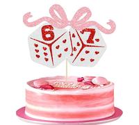 Gyufise 1Pc Funny Six Seven Cake Topper Glitter Dice 6 7 Cake Topper I was 6 Now I'm 7 Cake Decoration for 7th Birthday Casino Themed Party Supplies Pink White