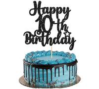 Gyufise 1Pc Happy 10th Birthday Cake Topper Glitter 10 & Fabulous Cheers to 10 Years Old Birthday Cake Pick for Celebrating 10th Birthday Anniversary Party Cake Decorations Supplies Black