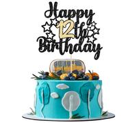 Gyufise 1Pc Happy 12th Birthday Cake Topper Black Gold Glitter Cheers to 12 Years Birthday Cake Pick 12 Fabulous Cake Decoration for Happy 12th Birthday Anniversary Party Decorations Supplies