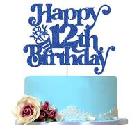 Gyufise 1Pc Happy 12th Birthday Cake Topper Glitter Happy Birthday Cake Pick Cheers to 12 Years for 12th Anniversary Wedding Party Cupcake Decorations Supplies Blue