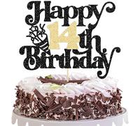 Gyufise 1Pc Happy 14th Birthday Cake Topper Glitter Happy Birthday Cake Pick Cheers to 14 Years for 14th Anniversary Wedding Party Cupcake Decorations Supplies Black Gold