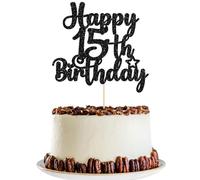 Gyufise 1Pc Happy 15th Birthday Cake Topper Glitter 15 & Fabulous Cheers to 15 Years Old Cake Pick for Celebrating 15th Birthday Anniversary Party Cake Decorations Supplies Black
