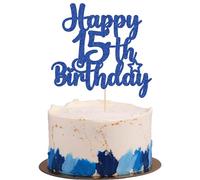 Gyufise 1Pc Happy 15th Birthday Cake Topper Glitter 15 & Fabulous Cheers to 15 Years Old Cake Pick for Celebrating 15th Birthday Anniversary Party Cake Decorations Supplies Blue