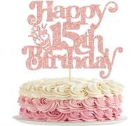Gyufise 1Pc Happy 15th Birthday Cake Topper Glitter Happy Birthday Cake Pick Cheers to 15 Years for 15th Anniversary Wedding Party Cupcake Decorations Supplies Rose Gold