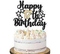Gyufise 1Pc Happy 17th Birthday Cake Topper Happy 17 Birthday Cake Decoration for 17 & Fabulous Hello 17 Party Anniversary Party Cake Supplies Black Gold Glitter