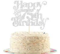 Gyufise 1Pc Happy 75th Birthday Cake Topper Glitter Happy Birthday Cake Pick Cheers to 75 Years for 75th Anniversary Wedding Party Cupcake Decorations Supplies Silver