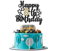 Gyufise 1Pc Happy 8th Birthday Cake Topper Black Gold Glitter Cheers to 8 Years Birthday Cake Pick 8 Fabulous Birthday Cake Decoration for Birthday Theme Happy 8th Birthday Anniversary Party Supplies