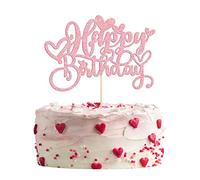 Gyufise 1Pc Happy Birthday Cake Topper with Love Heart Glitter Valentine's Day Cake Picks Love Theme Baby Shower Kids Birthday Party Cake Decorations Supplies Pink