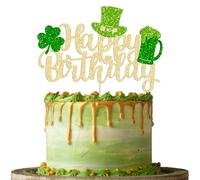 Gyufise 1Pc Happy St Patrick's Day Cake Topper Green Glitter Shamrock Four Leaf Clover Birthday Cake Pick Decorations for Happy St Patrick's Day Cake Decorations Supplies