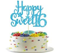 Gyufise 1Pc Happy Sweet 16 Cake Topper Glitter 16th Birthday Cake Pick for Cheers to 16 Years Old 16th Birthday Party Cake Decorations Supplies Light Blue