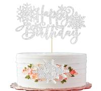 Gyufise 1Pc Snowflake Happy Birthday Cake Topper Glitter Winter Frozen Theme Happy Birthday Snowflake Cake Decorations for Baby Shower Kids Birthday Christmas Party Supplies Silver