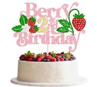 Gyufise 1Pc Strawberry Berry 2nd Birthday Cake Topper Glitter Second Birthday Flower Strawberry Cake Pick for Sweet Fruit Theme Baby Shower Kids 2nd Birthday Party Cake Decorations Supplies Pink