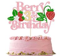 Gyufise 1Pc Strawberry Berry 3rd Birthday Cake Topper Glitter Sweet Fruit Theme Third Birthday Strawberry Cake Pick for Strawberry Theme Baby Shower 3rd Birthday Party Cake Decorations Supplies Pink
