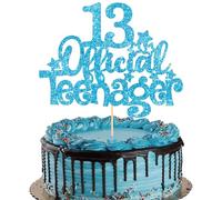 Gyufise 1Pcs 13 Official Teenager Cake Topper Glitter Happy 13th Birthday Cake Pick Decorations for Teen Cheers to 13 Years Birthday Party Supplies Lake Blue
