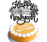 Gyufise 1Pcs 2026 Happy New Year Cake Topper Glitter Hello 2026 Fireworks Cake Pick Welcome 2026 Happy New Year's Eve Cake Decoration Party Supplies Black