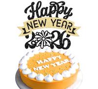Gyufise 1Pcs 2026 Happy New Year Cake Topper Glitter Hello 2026 Fireworks Cake Pick Welcome 2026 Happy New Year's Eve Cake Decoration Party Supplies Black Gold