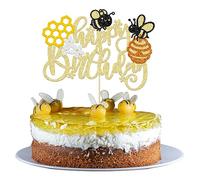 Gyufise 1Pcs Bee Happy Birthday Cake Topper Flower Honeycomb Glitter Happy Bee Day Cake Decorations for Honey Bumble Bee Theme Baby Shower Kids Boys Girls Birthday Party Cake Decorations Supplies Gold