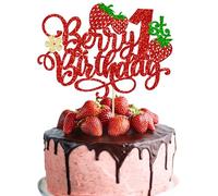 Gyufise 1Pcs Berry 1st Birthday Cake Topper Red Flower Glitter Sweet Fruit Theme First Birthday Strawberry One Cake Pick for Strawberry Theme Baby Shower Kids 1st Birthday Party Supplies
