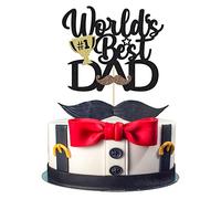 Gyufise 1Pcs Black Glittery World's Best Dad Cake Topper with Moustache Happy Father's Day Cake Decorations Happy Birthday Dad Decor Topper for Happy Father's Day Theme Party Cake Decorations Supplies