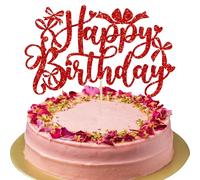 Gyufise 1Pcs Bow Happy Birthday Cake Topper Glitter Coquette Cake Pick Decorations for Girls Women Birthday Theme Baby Shower Party Supplies Red