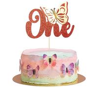Gyufise 1Pcs Butterfly One Cake Topper Red Glitter Baby Shower Butterfly 1st Birthday Cake Pick Decorations for Butterfly Theme Baby Shower Kids 1st Birthday Party Supplies