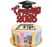Gyufise 1Pcs Congrats 2025 Cake Topper Glitter Diploma Grad Cap Cake Pick Class of 2025 Graduation Cake Decoration for 2025 Graduation Theme Party Decorations Supplies Red