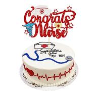 Gyufise 1Pcs Congrats Nurse Cake Topper with Nurse Cap Red Glitter Nursing Graduation Cake Pick Medical Rn Theme 2023 Graduation Birthday Party Cake Decorations Supplies