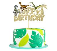 Gyufise 1Pcs Dinosaur Happy Birthday Cake Topper Dinosaur Cake Pick for Jurassic Theme Baby Shower Kids Birthday Party Supplies Cake Decorations Supplies Gold